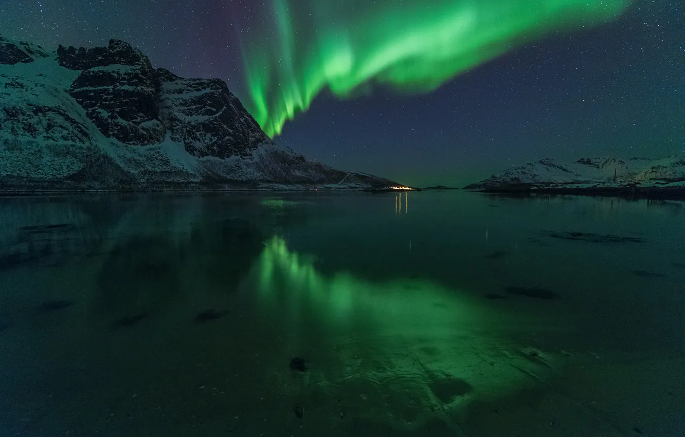 Photo wallpaper winter, sea, landscape, night, Northern lights