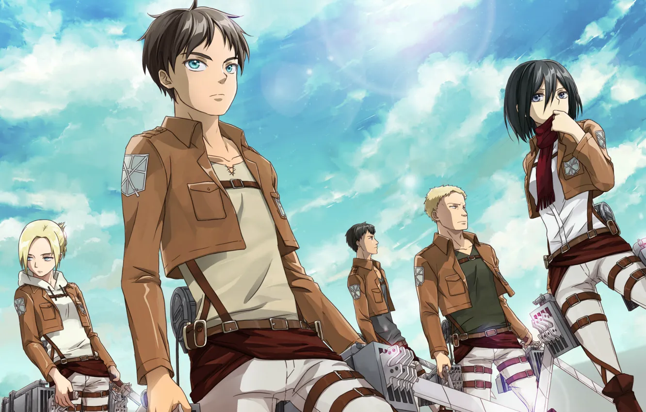 Photo wallpaper the sky, emblem, military uniform, blade, fanart, Shingeki no Kyojin, Mikasa Ackerman, Eren Yeager