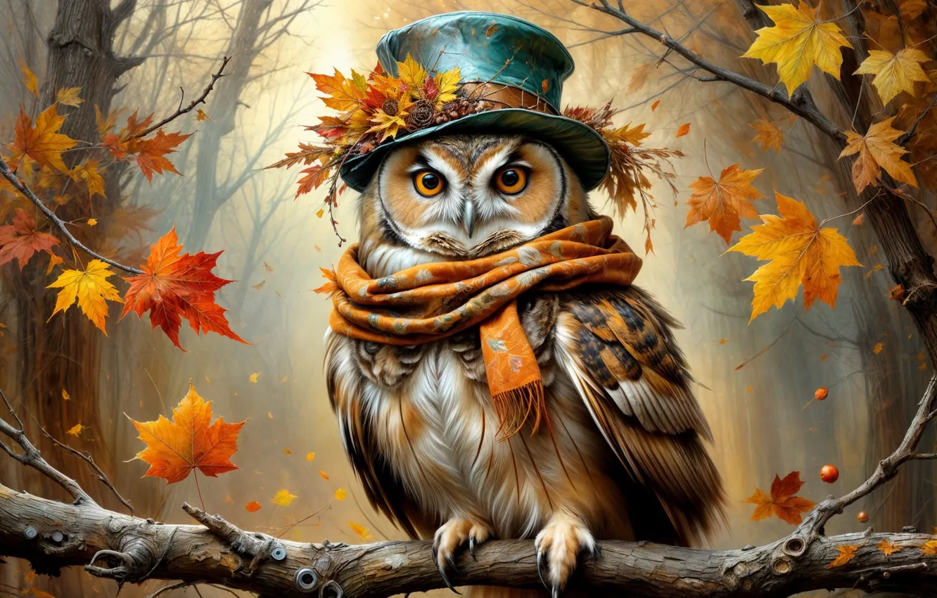 Photo wallpaper autumn, forest, owl, hat, scarf