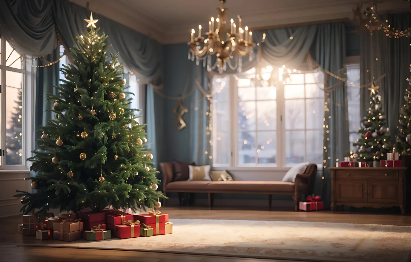 Photo wallpaper decoration, room, gift, tree, new year, interior, Christmas, Christmas