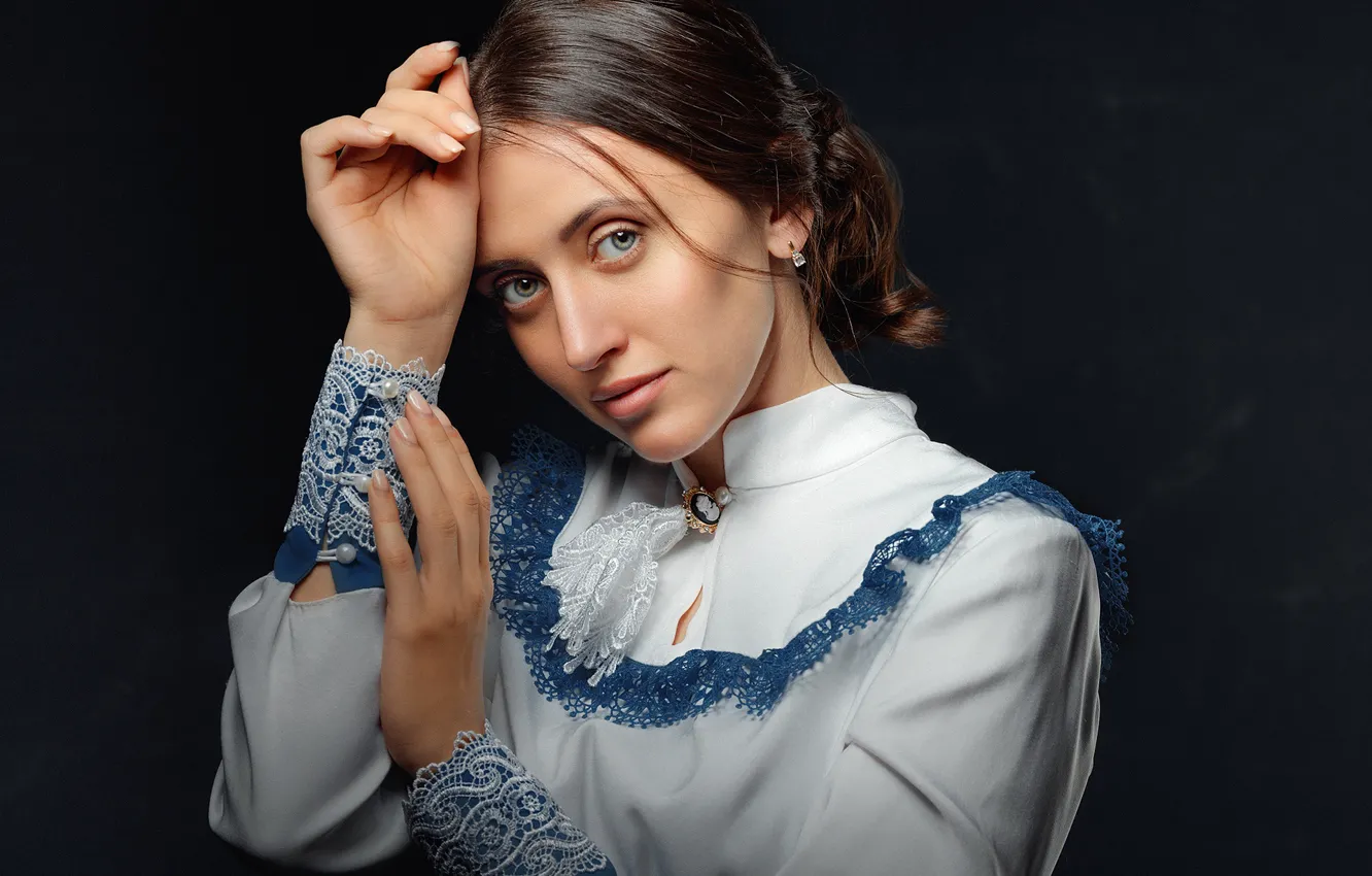 Photo wallpaper look, girl, face, pose, style, portrait, hands, blouse