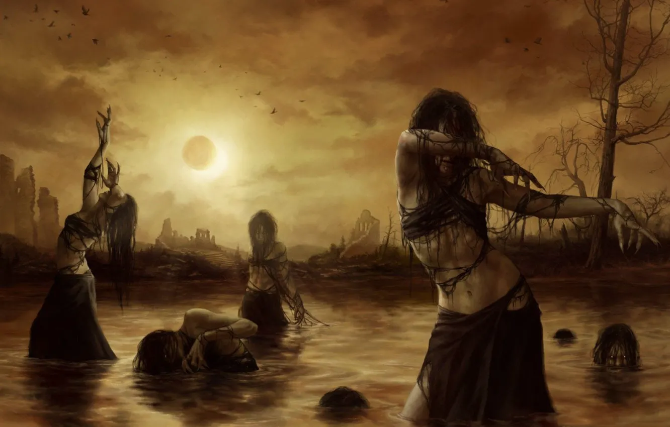 Photo wallpaper water, birds, Eclipse, ruins, witches, awakening, witches, the uprising