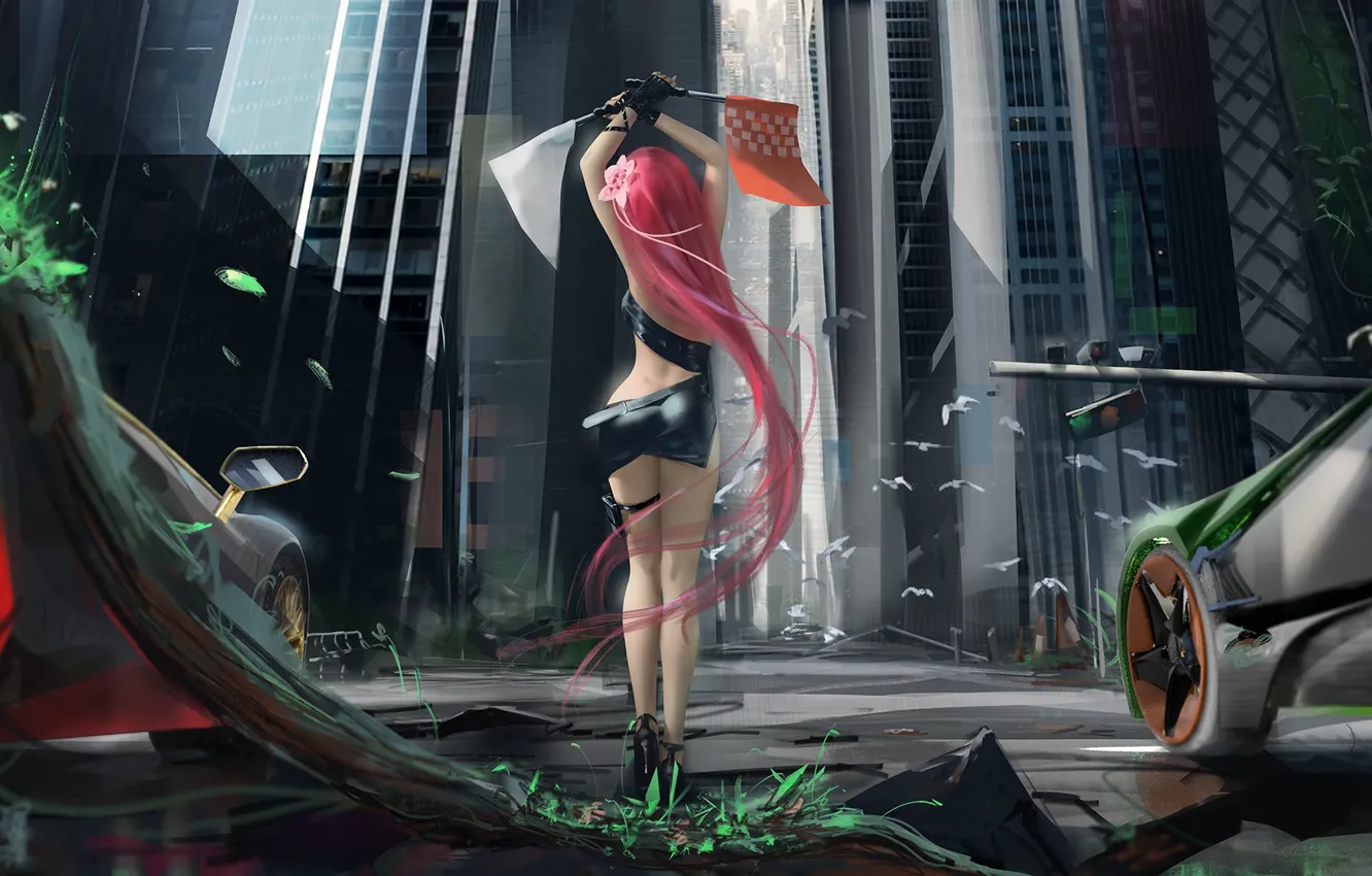 Photo wallpaper city, girl, long hair, cars, art, redhead, flag, artist