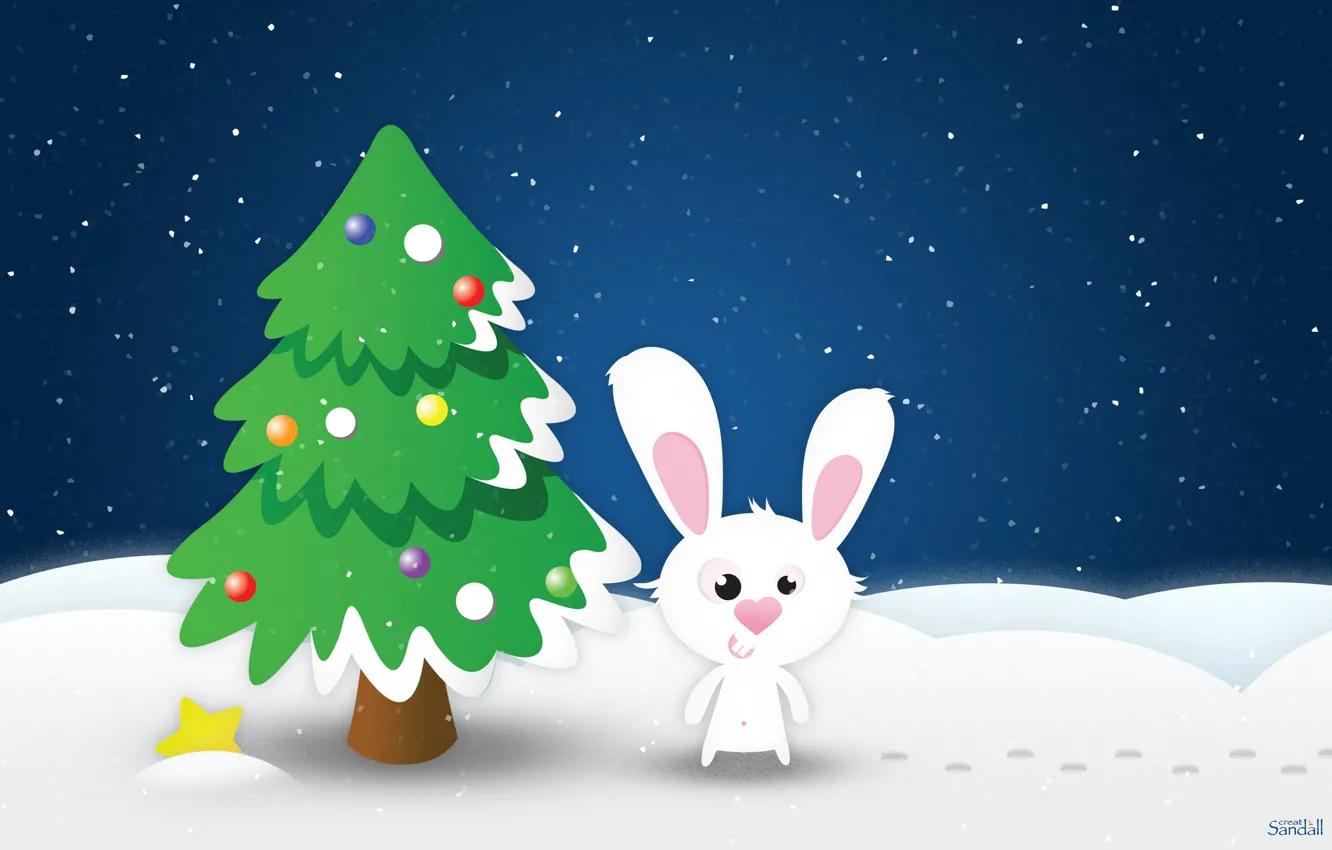 Photo wallpaper Snow, rabbit, Star, New year, Tree, Hare