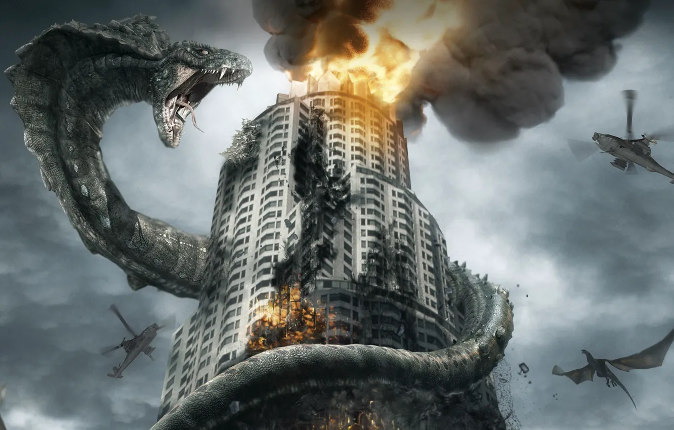 Photo wallpaper fire, dragon, smoke, the building, snake, helicopters, Cobra, battle dragons