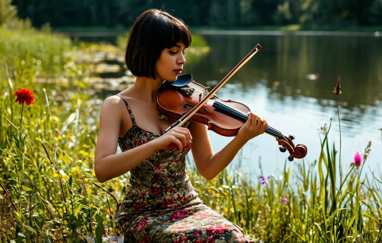 Photo wallpaper nature, music, river, sundress, digital art, digital art, artificial intelligence, plays the violin