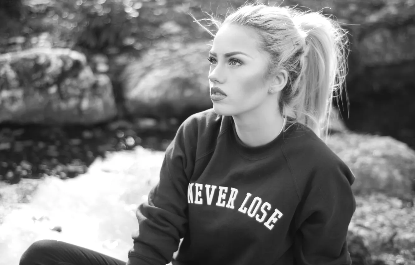 Photo wallpaper girl, woman, model, black and white, blonde, female, b/w, sweater