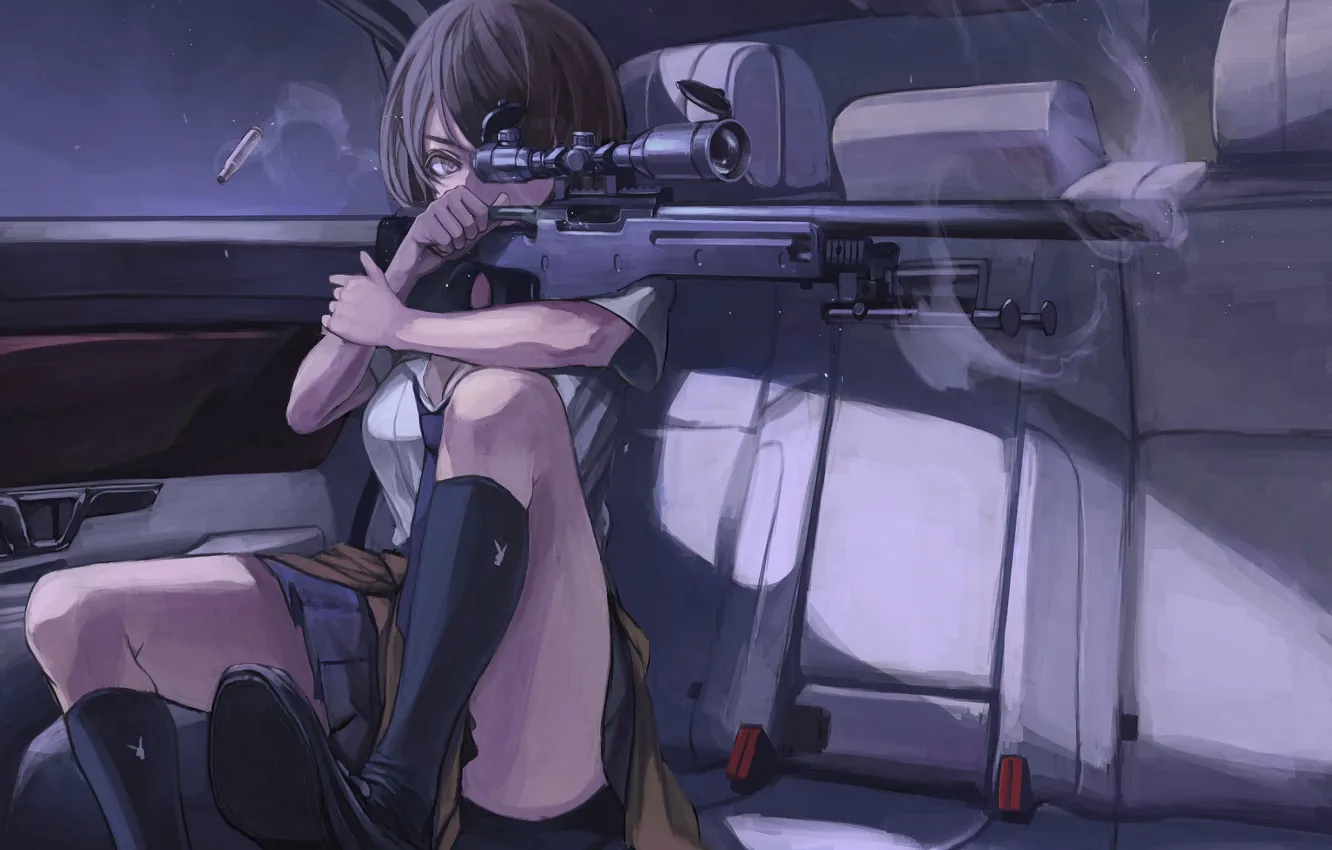 Photo wallpaper auto, girl, sniper, car, anime, aiming, art, snayperskaya rifle
