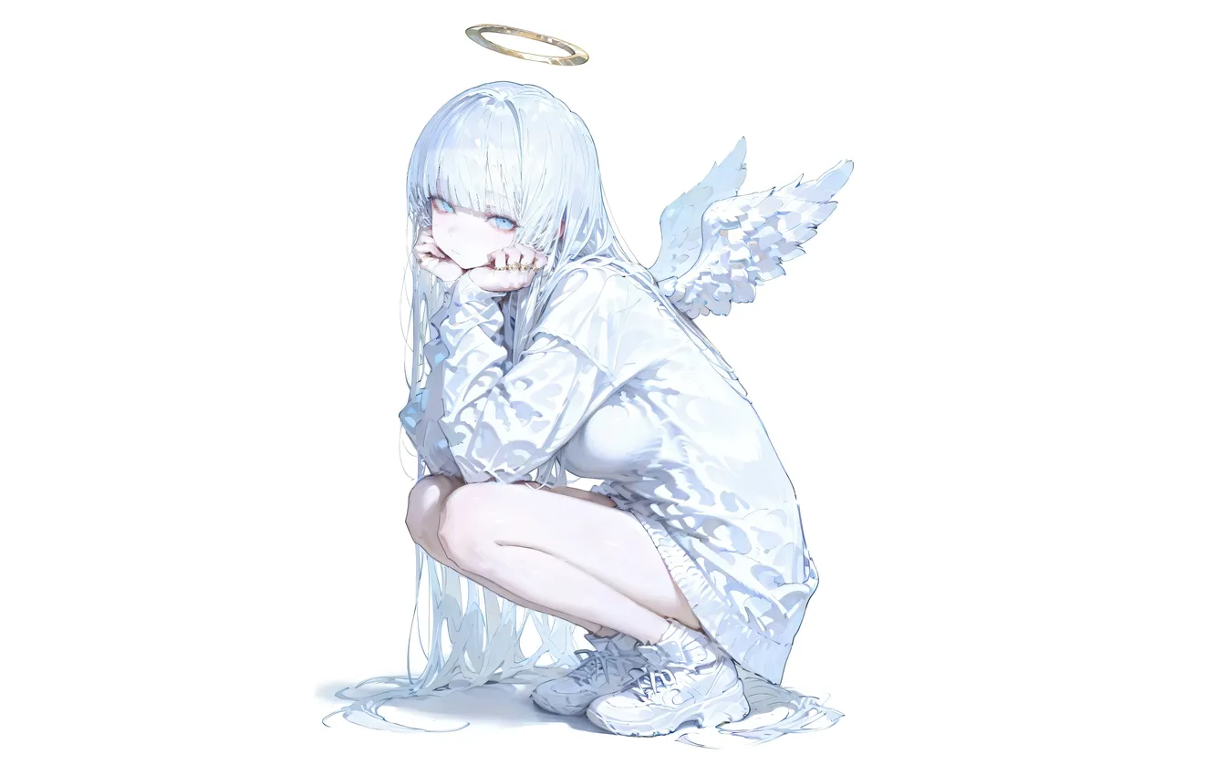Photo wallpaper girl, white, anime, wings, angel, hair