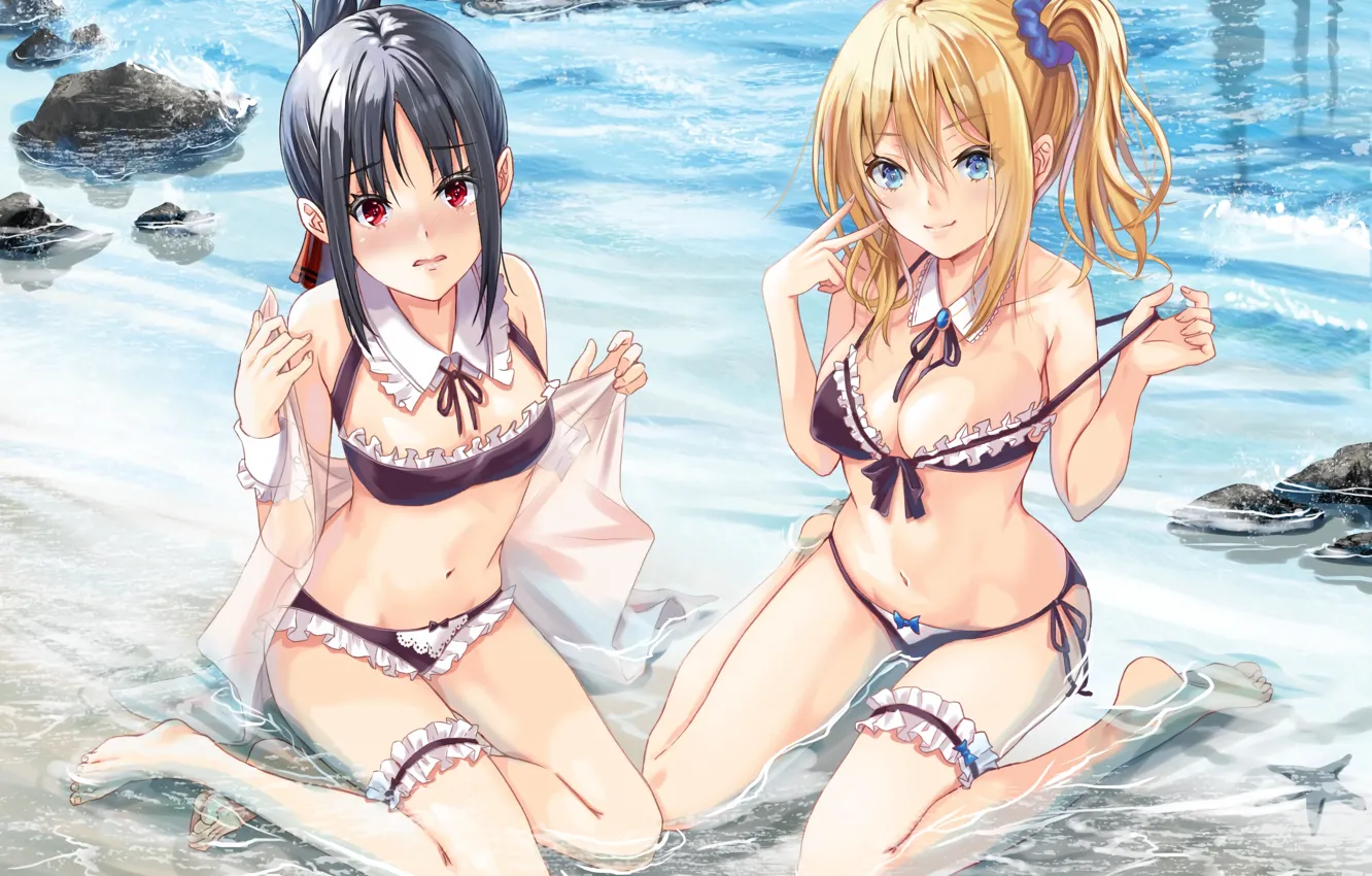 Photo wallpaper sexy, cleavage, beach, sea, girls, boobs, anime, blue eyes