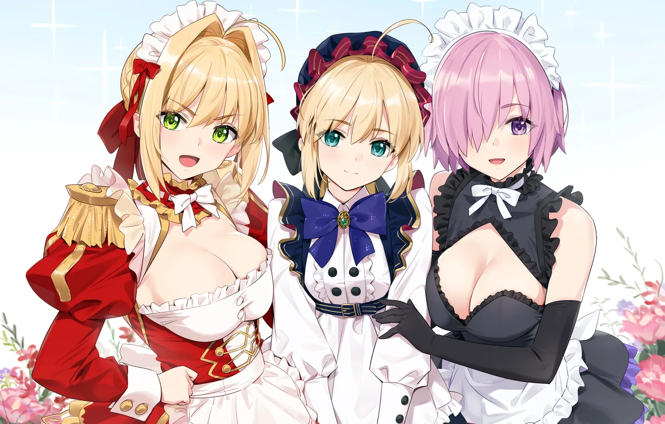 Photo wallpaper sexy, cleavage, green eyes, dress, girls, boobs, anime, flowers