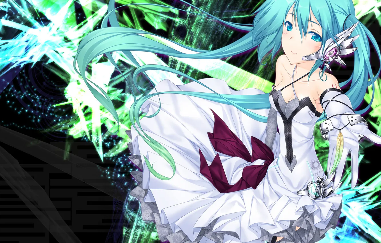 Photo wallpaper look, girl, smile, feathers, headphones, vocaloid, hatsune miku, gesture
