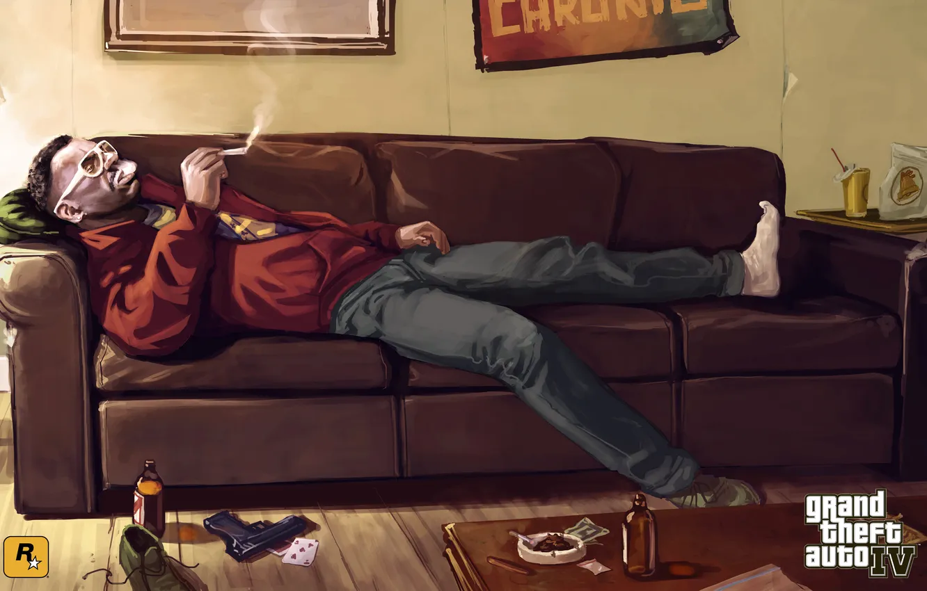 Photo wallpaper sofa, smoke, weed, smokes, gta 4, Grand Theft Auto IV, Jacob