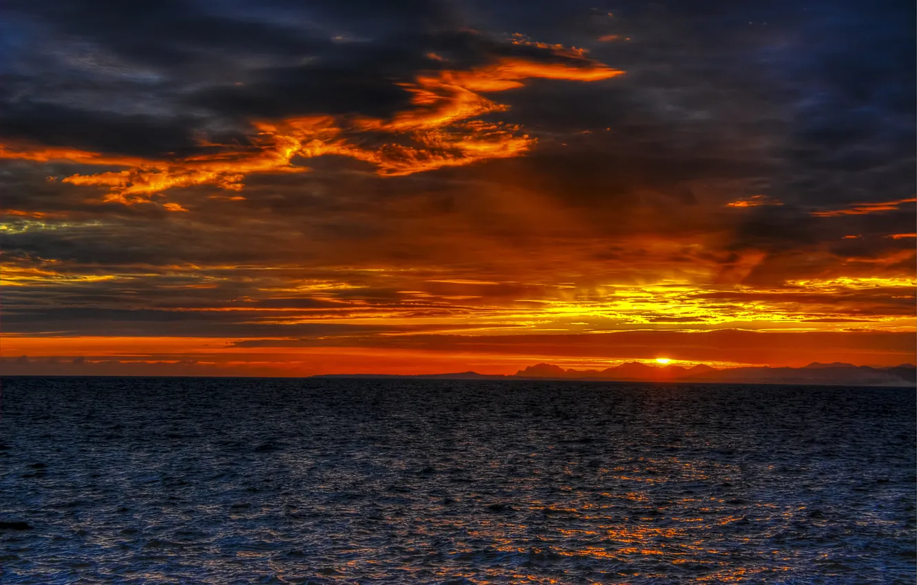 Photo wallpaper sea, the sky, clouds, sunset, coast, glow