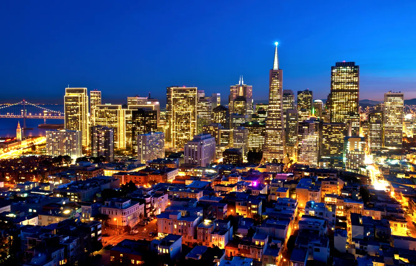 Photo wallpaper lights, building, skyscrapers, CA, San Francisco, night city, California, San Francisco
