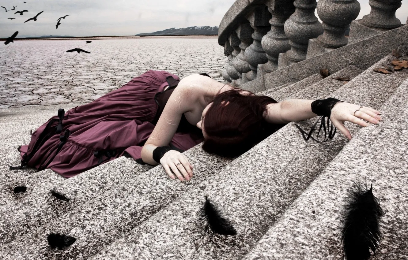 Photo wallpaper the sky, mountains, cracked, earth, black, plain, feathers, hands