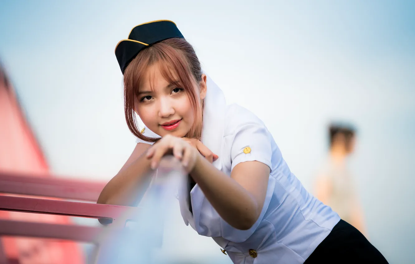 Photo wallpaper girl, Asian, uniform, bokeh, stewardess