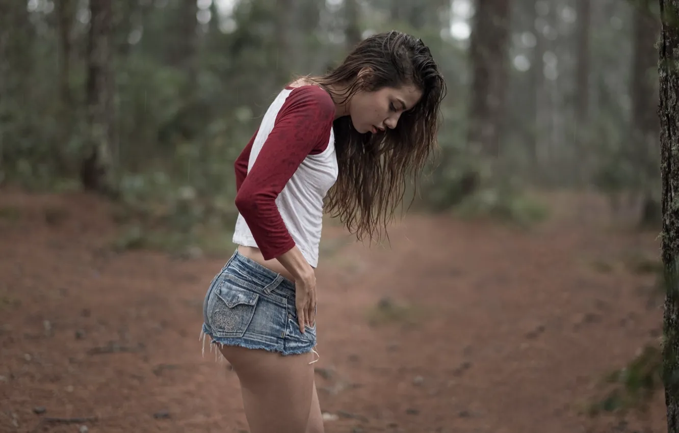 Photo wallpaper girl, trees, rain, overcast, shorts, wet, figure, brunette