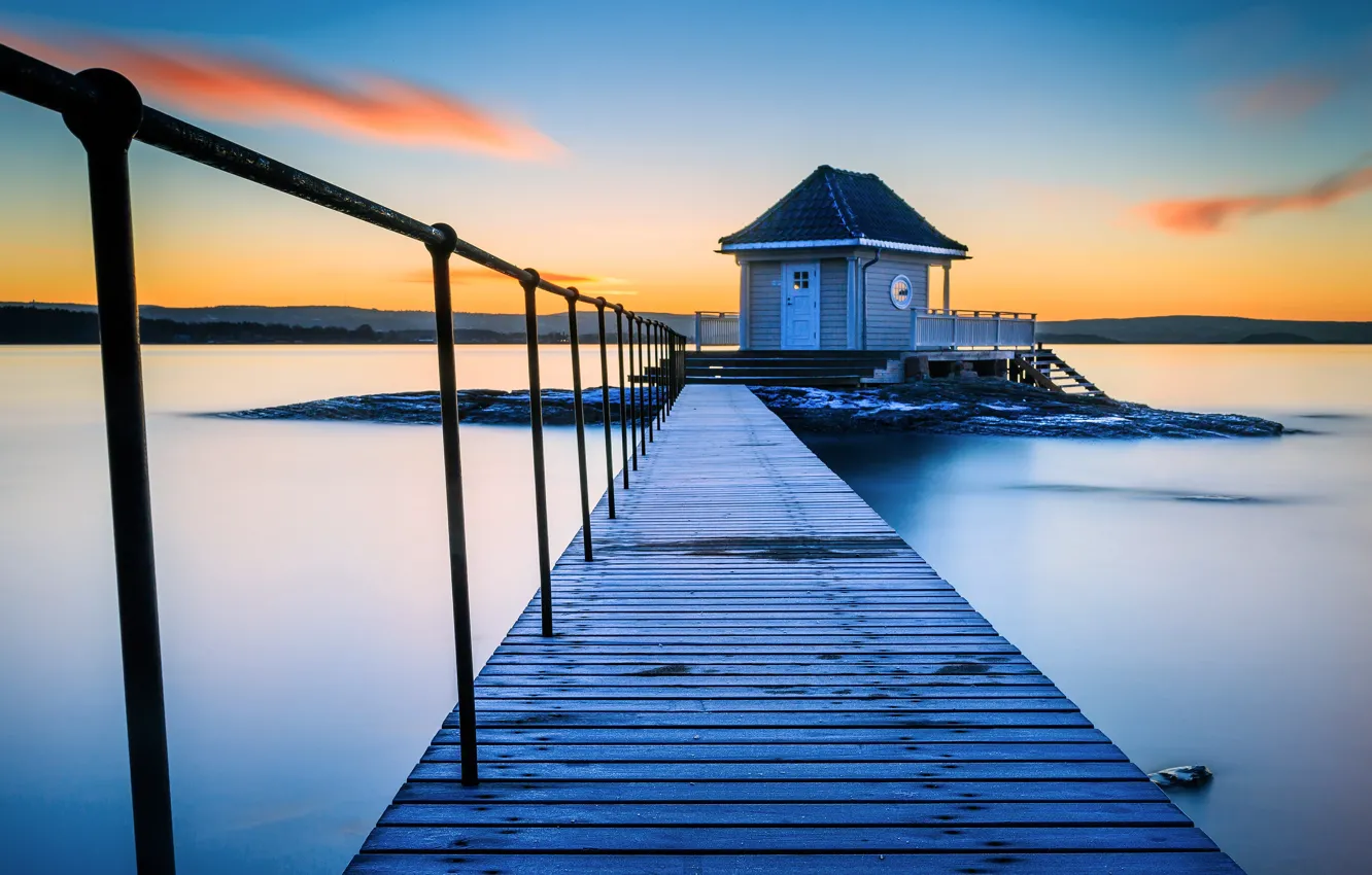 Photo wallpaper pierce, house, the bridge, pond