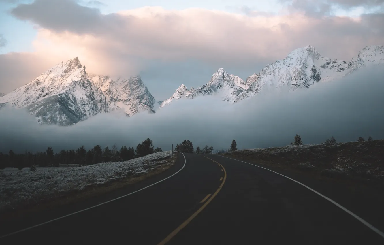 Photo wallpaper road, clouds, mountains, fog
