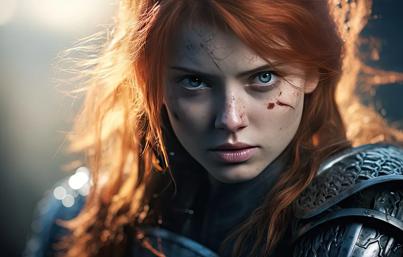 Photo wallpaper look, girl, face, blood, portrait, armor, fantasy, cuts