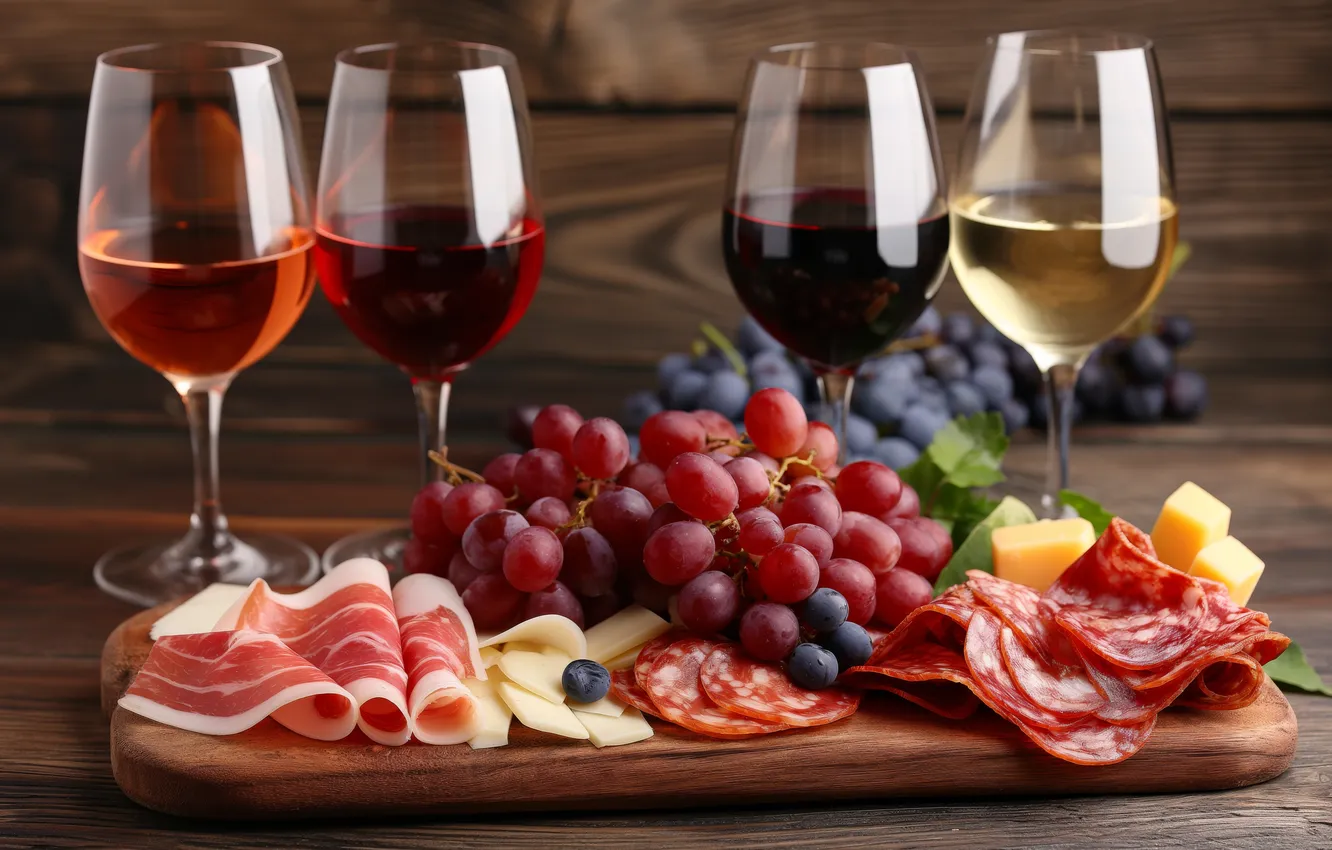 Photo wallpaper wine, Board, glass, cheese, grapes, meat, sausage, cutting