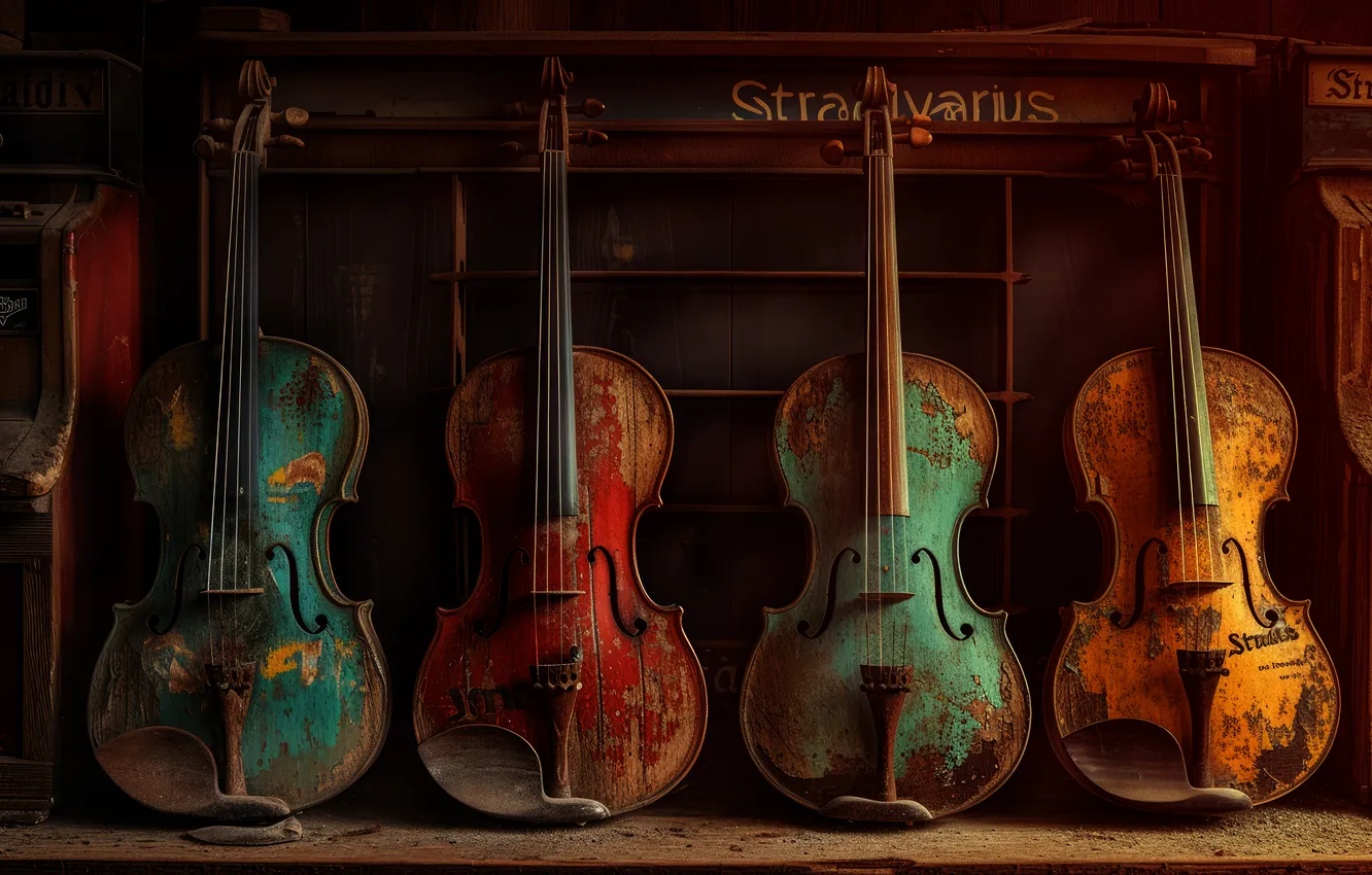 Photo wallpaper old, the dark background, violin, musical instruments, shelves, AI art, Stradivarius, neural network