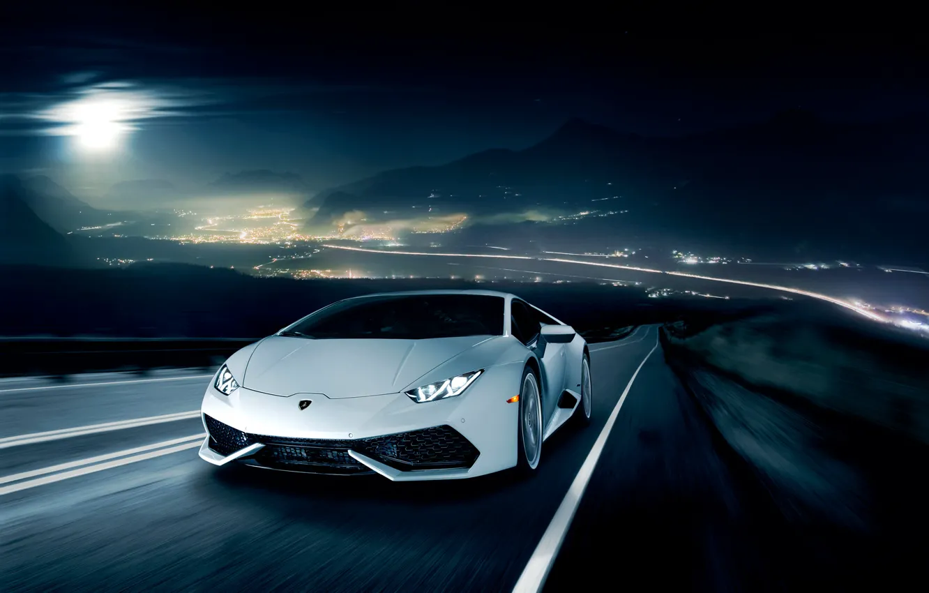Photo wallpaper night, movement, Lamborghini, horizon, white, front, LP 610-4, Huracan