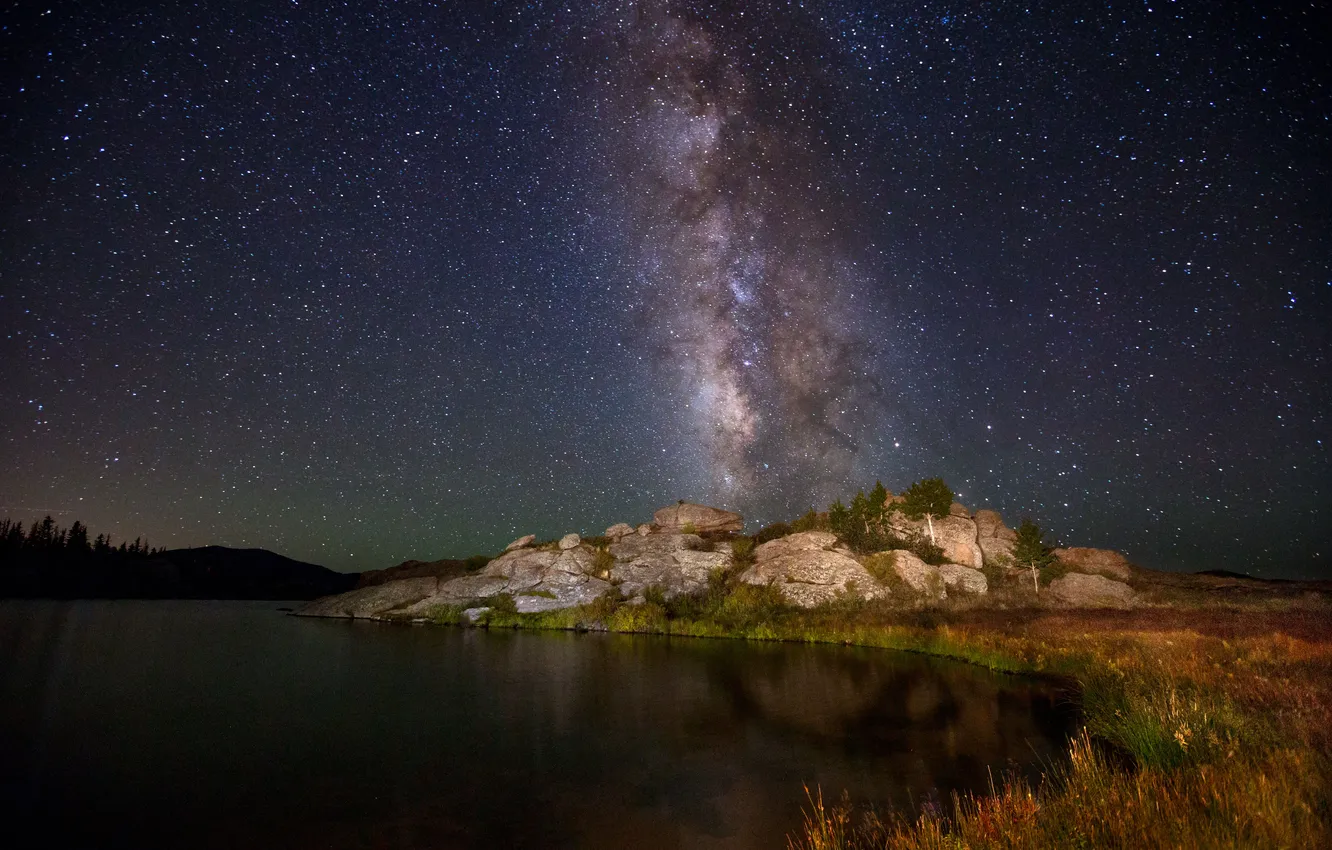 Photo wallpaper landscape, night, lake, rocks, stars, Milky Way