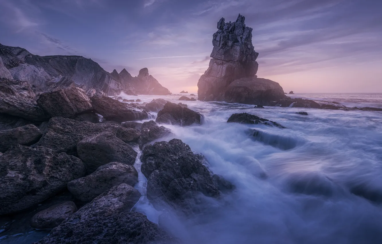 Photo wallpaper sea, stones, rocks, shore, twilight