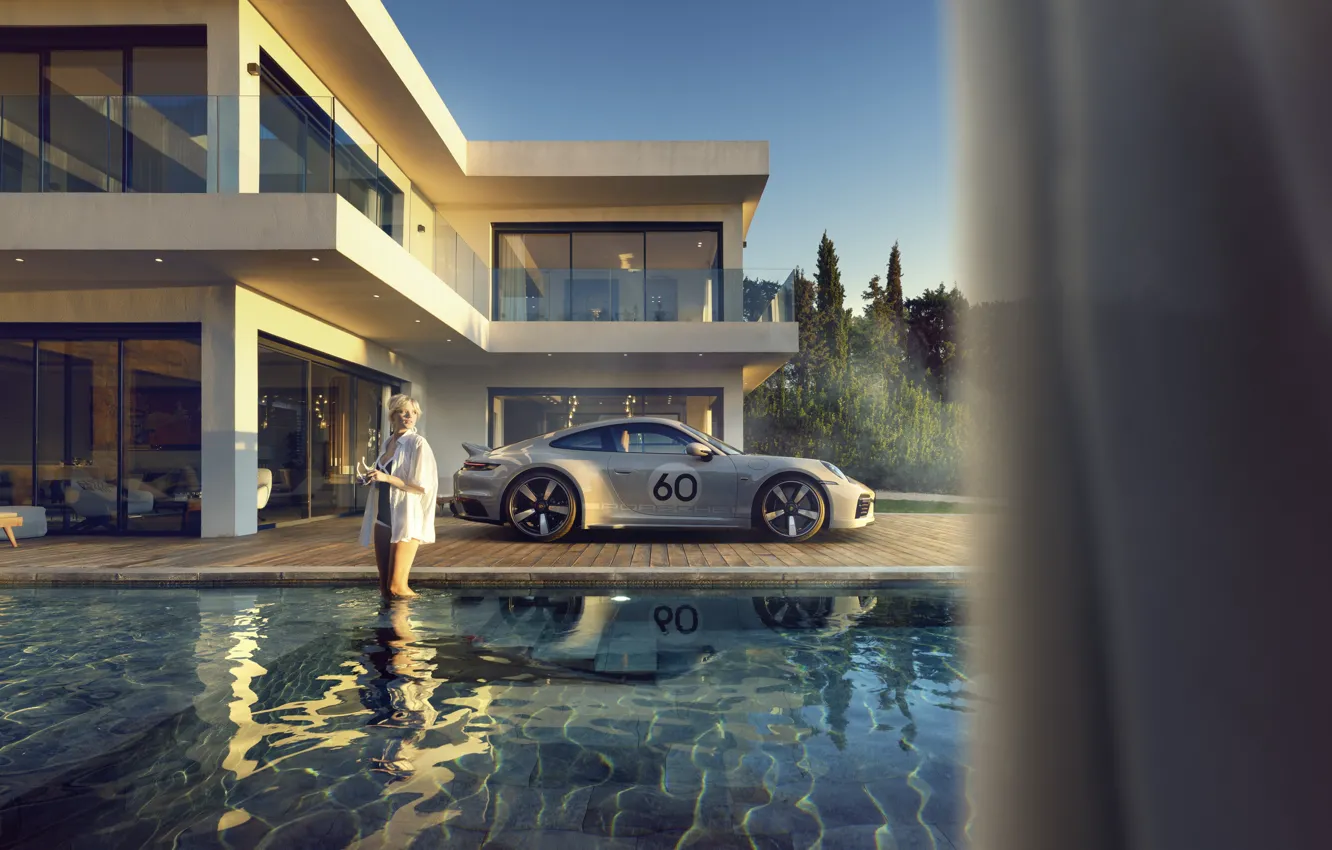 Photo wallpaper car, 911, Porsche, girl, pool, water, side view, Porsche 911 Sport Classic