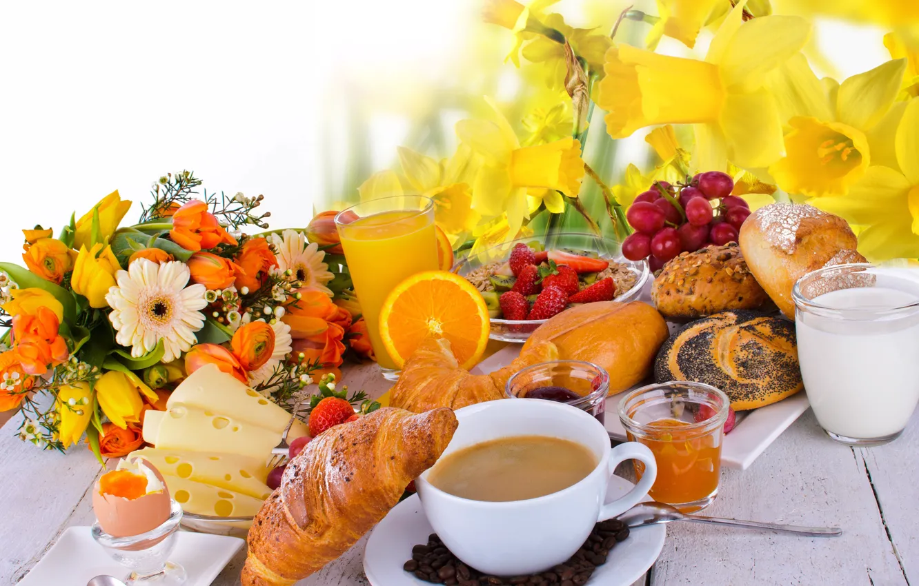 Photo wallpaper flowers, glass, berries, table, coffee, orange, eggs, grain