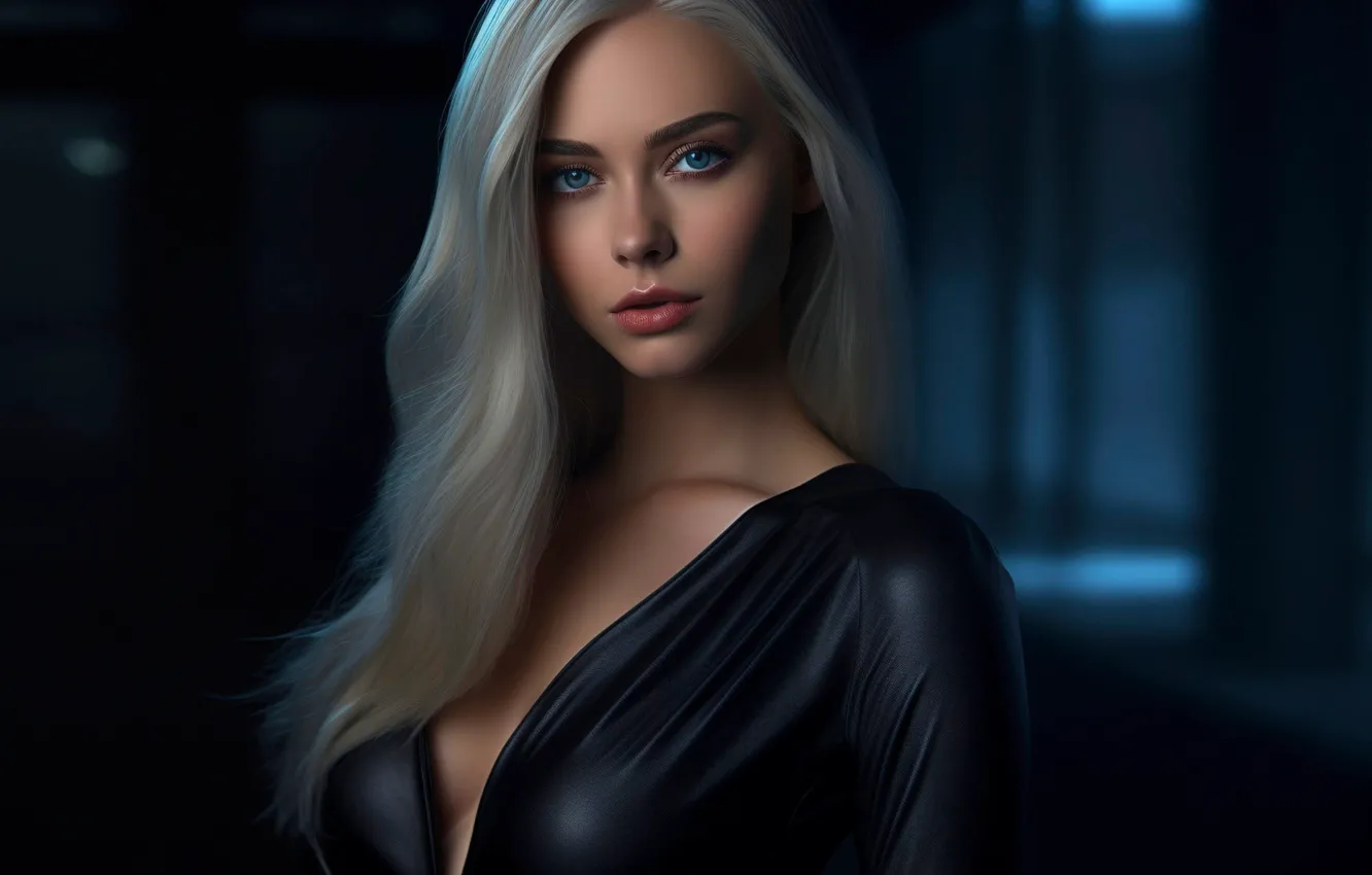 Photo wallpaper look, neon, blonde, blue eyes, long hair, blue eyes, Neon, Stable Diffusion