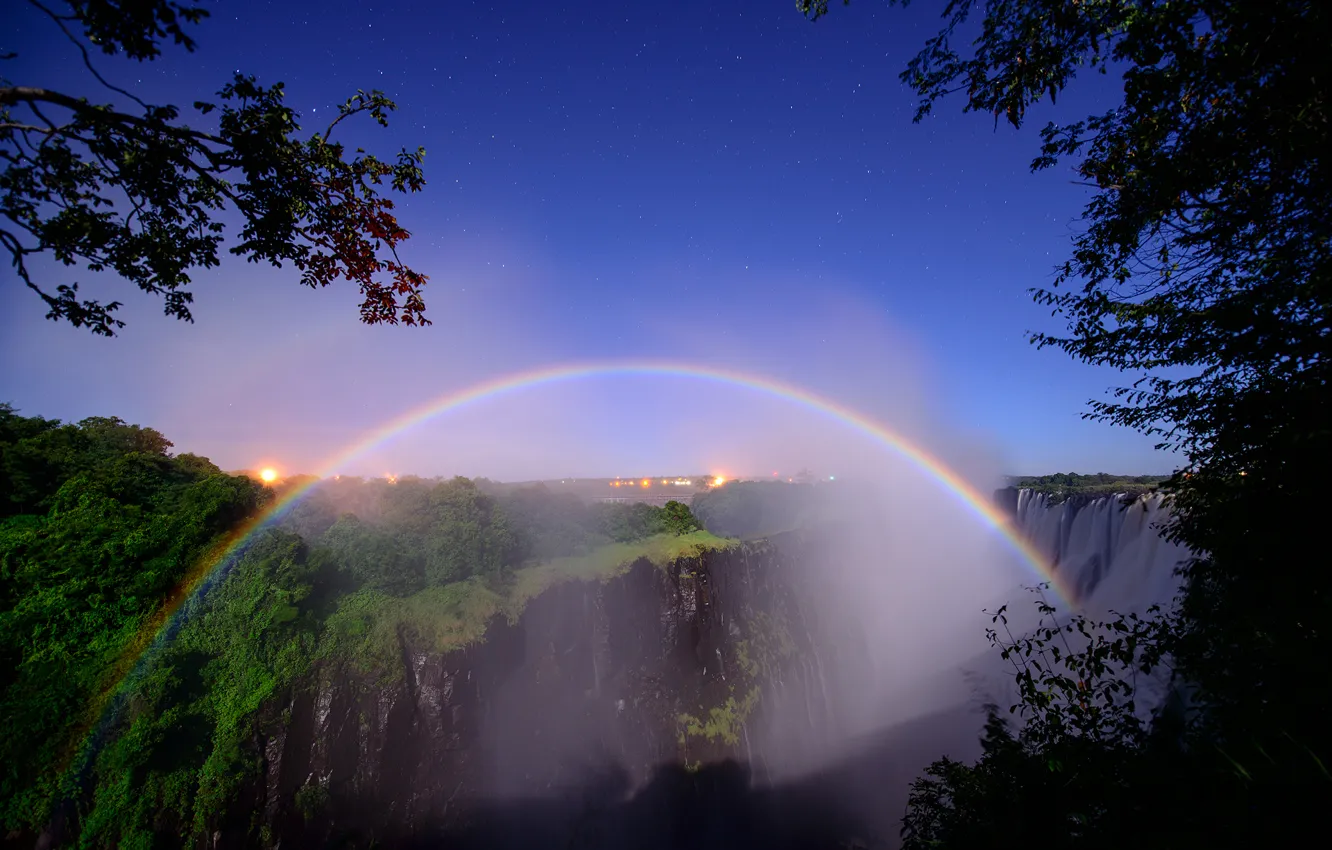 Photo wallpaper stars, trees, night, waterfall, Victoria, South Africa, lunar rainbow, Peter Dolkens photography