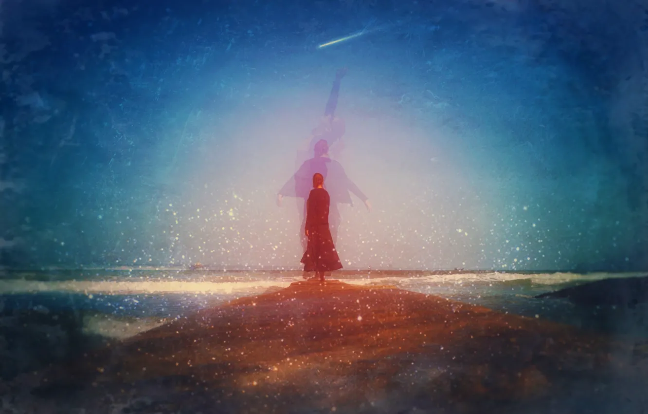 Photo wallpaper wave, beach, the sky, woman, boats, shooting star, climbing