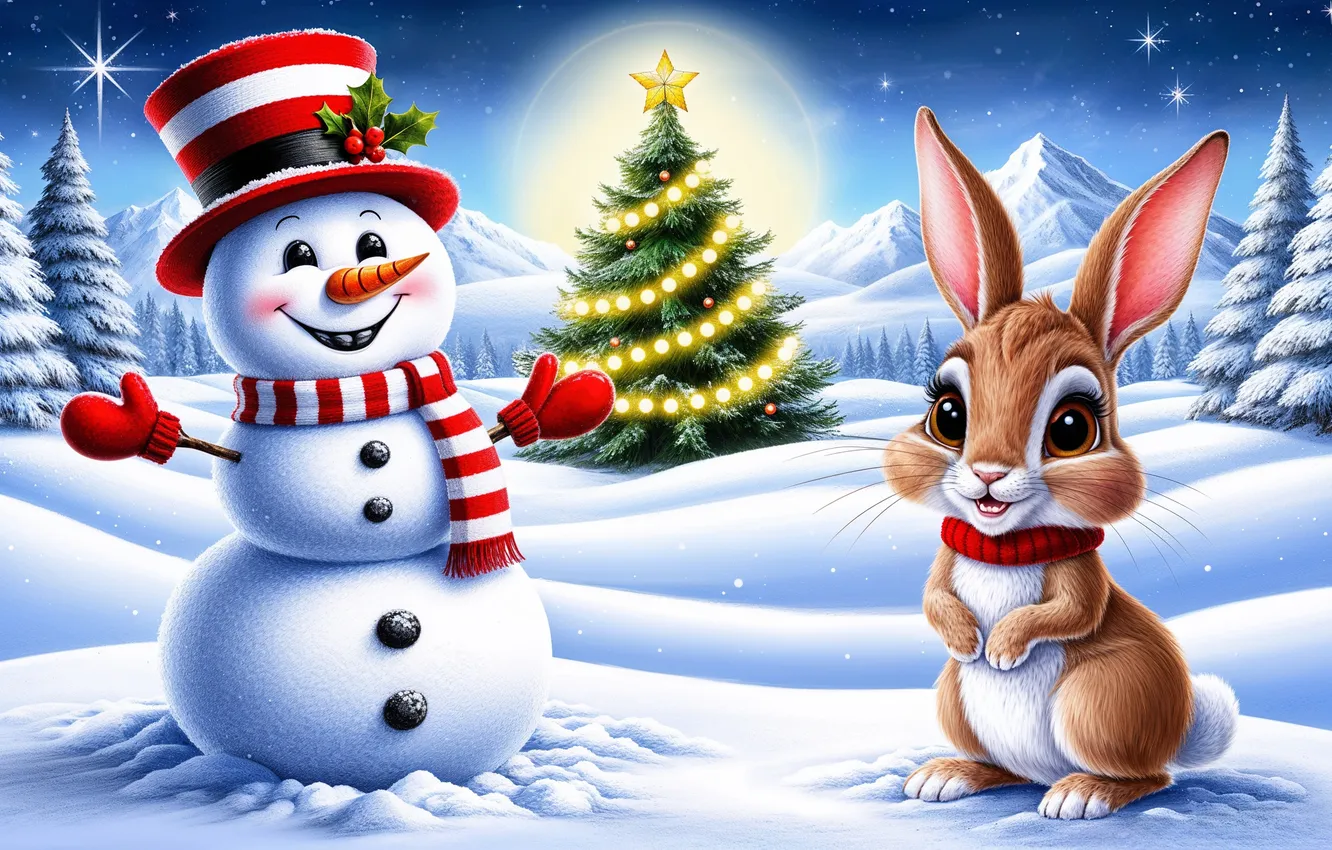 Photo wallpaper winter, frost, forest, the sky, stars, snow, mountains, night