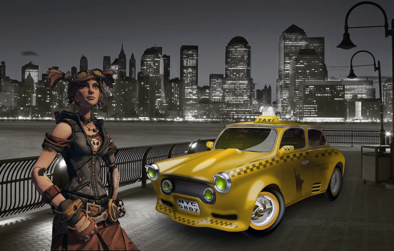 Photo wallpaper girl, the city, lights, taxi, character, borderlands, Nut.
