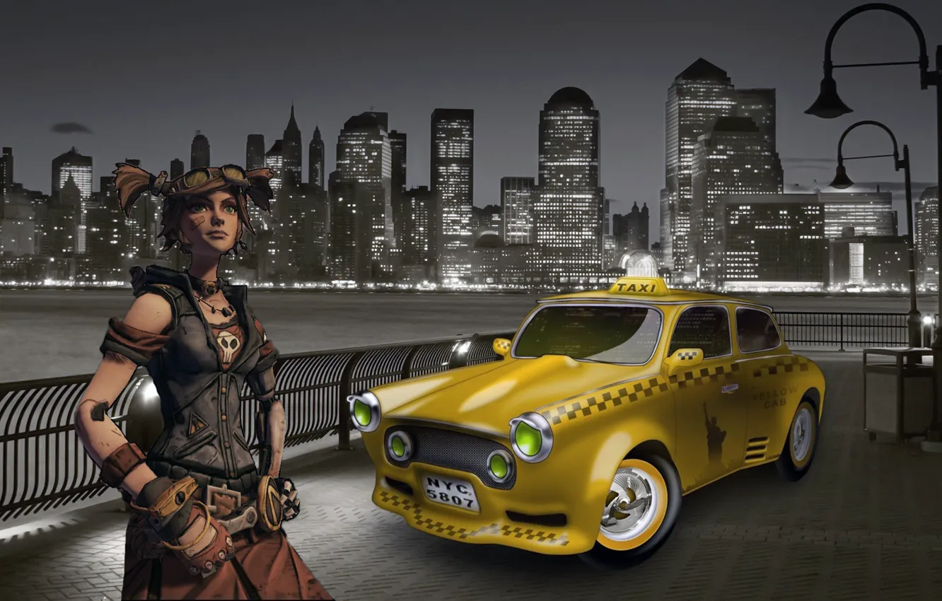 Photo wallpaper girl, the city, lights, taxi, characters, Borderlands, Nut.