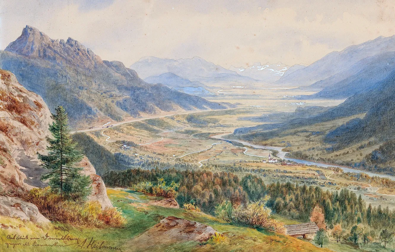 Photo wallpaper mountains, river, picture, Austrian artist, Anton Paul Heilmann, Anton Paul Heilmann, View from Danielsberg towards …