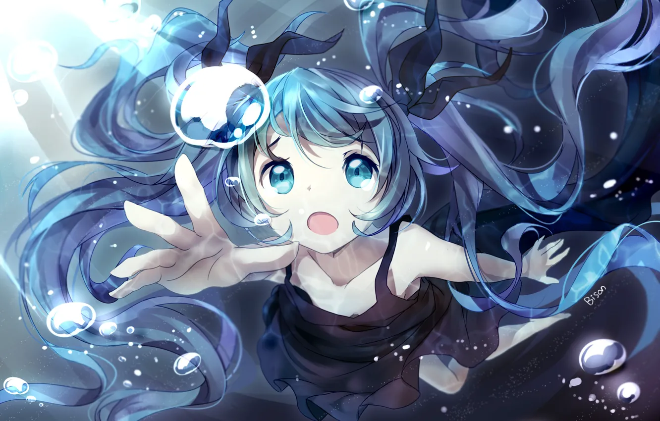 Photo wallpaper girl, light, bubbles, anime, art, vocaloid, hatsune miku, under water