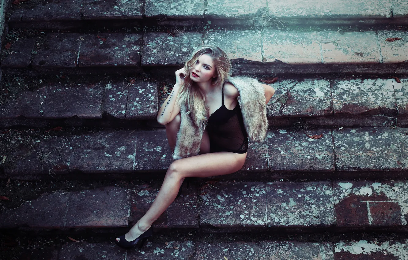 Photo wallpaper girl, pose, blonde, shoes, stage, steps