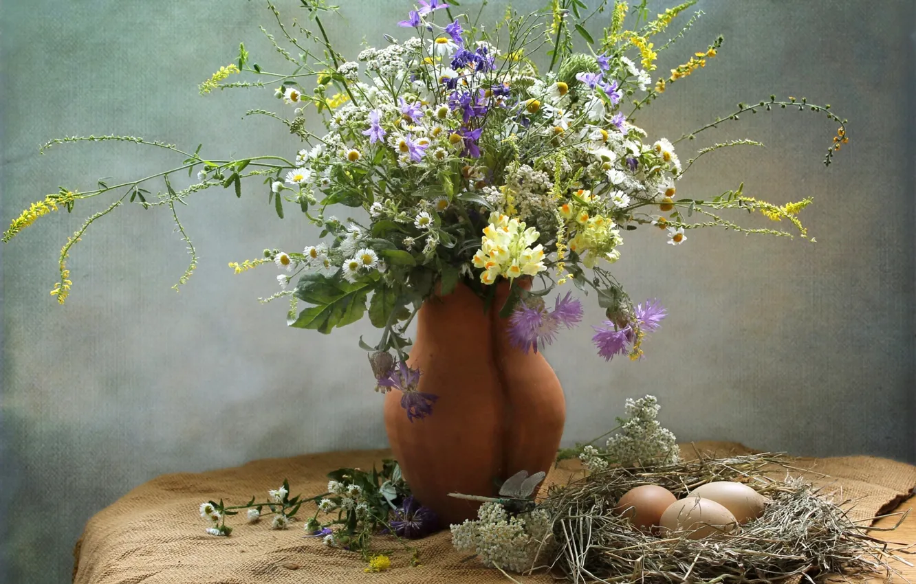 Photo wallpaper summer, chamomile, eggs, bouquet, texture, socket, pitcher, cornflower