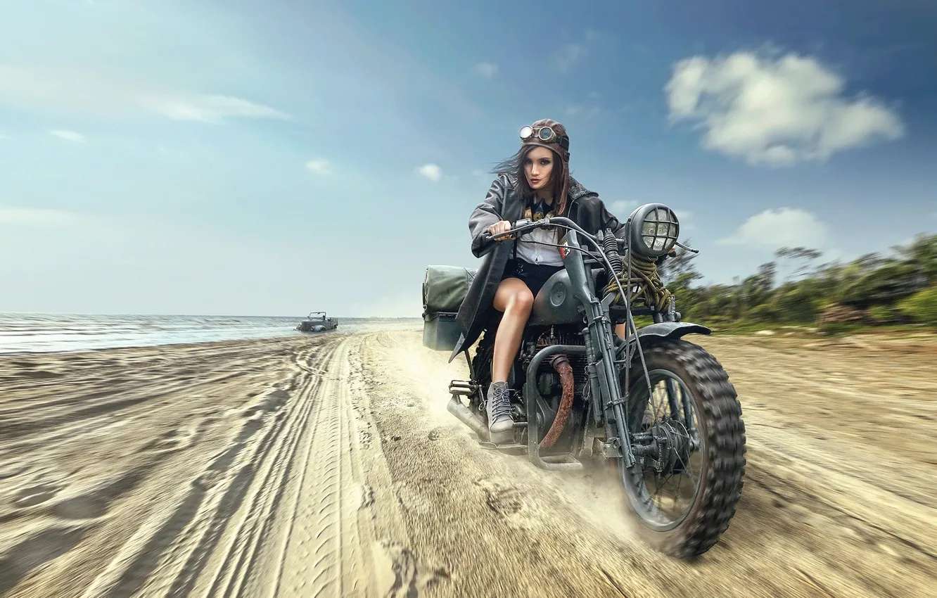 Photo wallpaper beach, girl, motorcycle