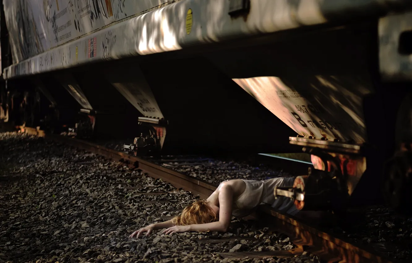 Photo wallpaper girl, train, railroad