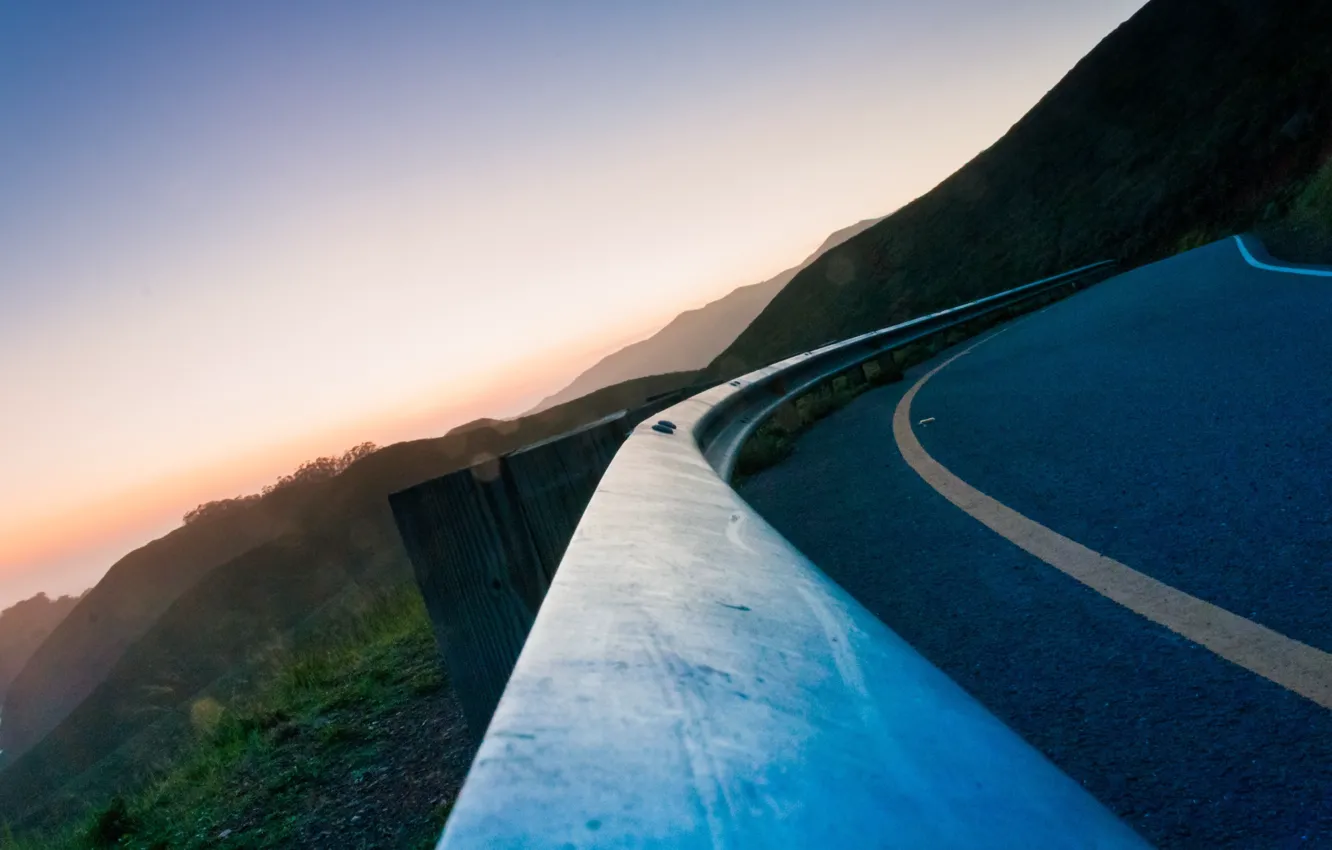 Photo wallpaper road, asphalt, turn, the fence, barrier