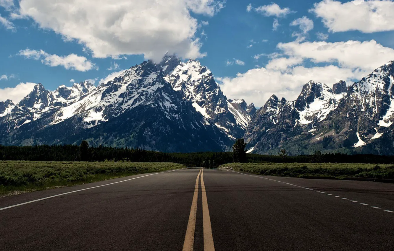 Photo wallpaper road, mountains, dual monitor