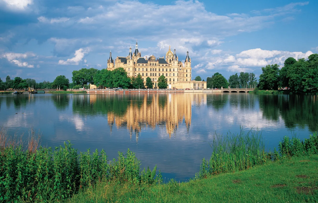 Photo wallpaper river, castle, Germany, Schwerin, Schwerin Castle