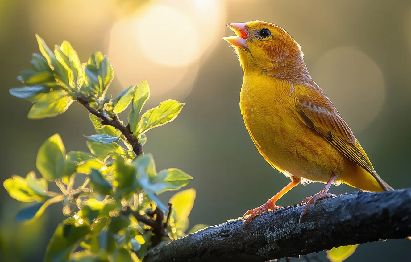 Photo wallpaper light, branches, yellow, bird, spring, bokeh, singing, Canary