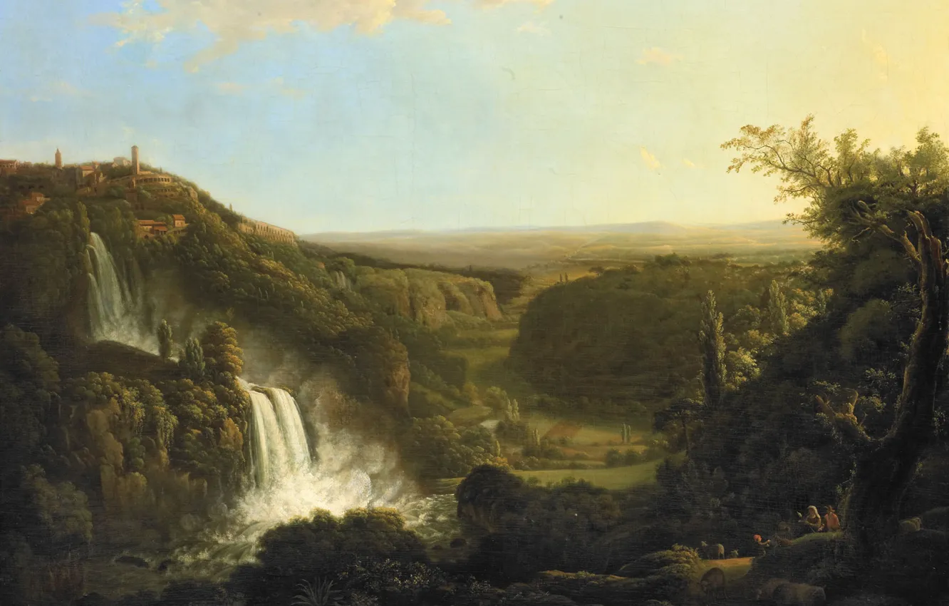 Photo wallpaper landscape, oil, picture, canvas, 1825, Cornelis Apostol, The valley of the river Anio with the …