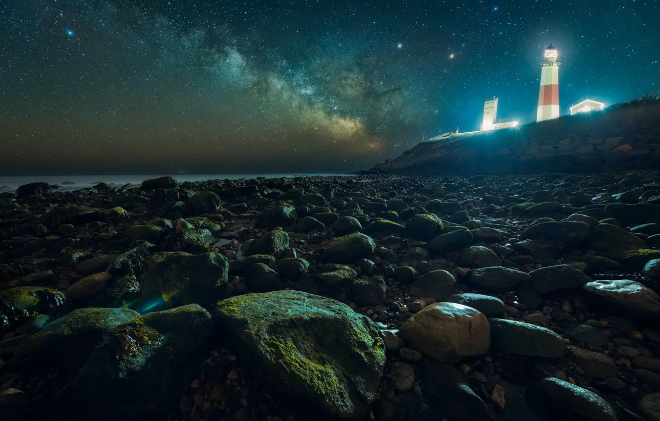 Photo wallpaper sea, the sky, stars, night, pebbles, house, stones, rocks
